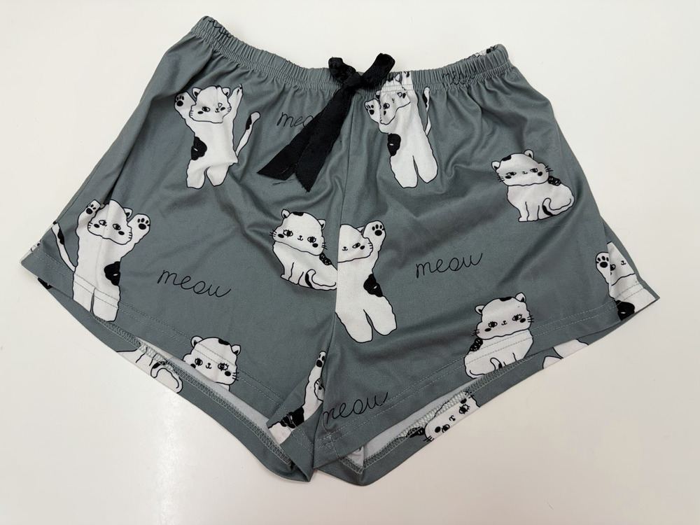 Unbranded Womens Pajama Shorts Size Large Gray Cats Meow Drawstring Pull On PJs